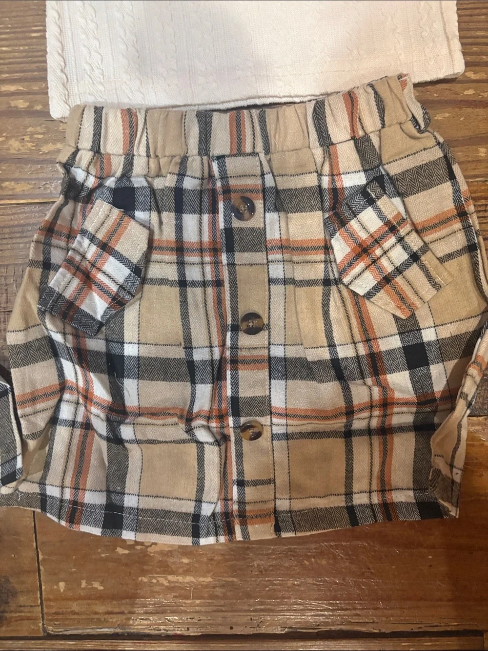 Girls Cream Cable Knit Top with Plaid Button Skirt